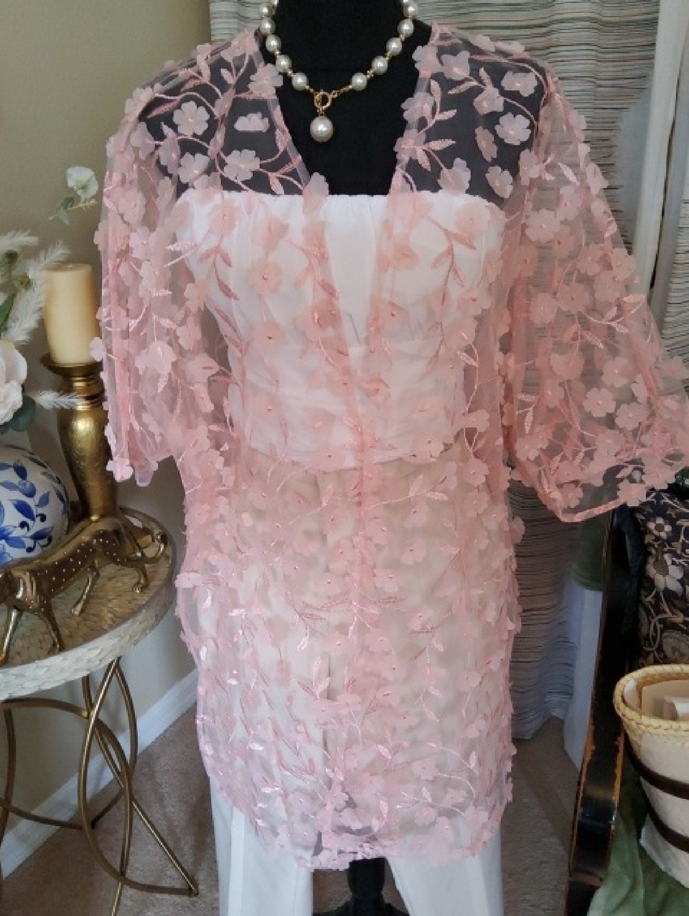 Anne Klein Pink Floral Appliqué Sheer Overlay